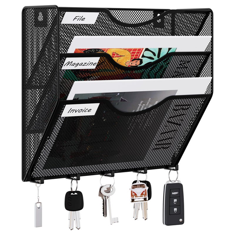 EasyPAG 3 Pocket Mesh Wall File Organizer with Key Hooks, Hanging Paper Folder Holder with Classify Label, Vertical Wall Mount Mail Organizer for Office Home Classroom, Black - Image 1